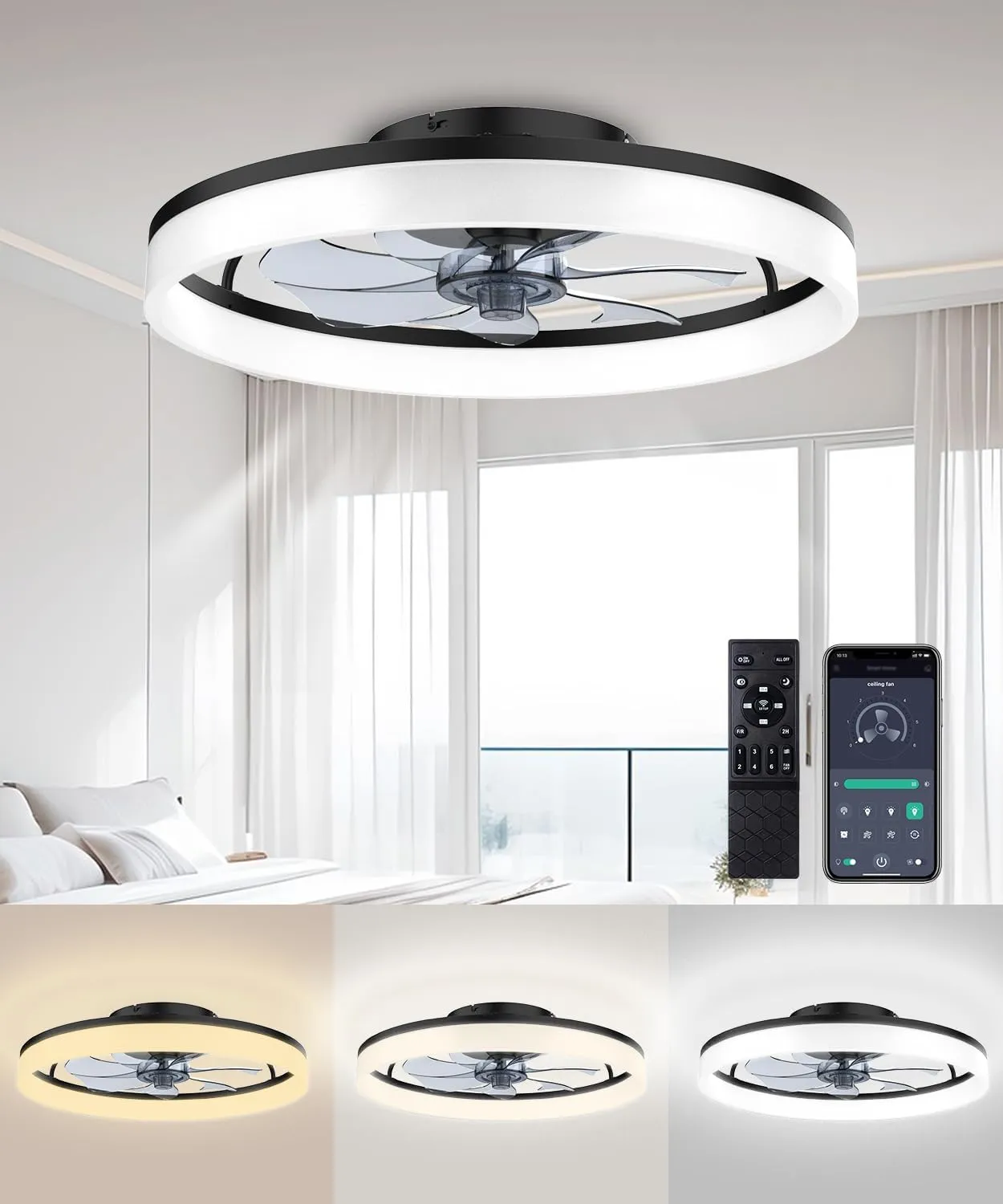 Ceiling Fans with Lights and Remote, 20" Modern Low Profile Ceiling Fan with Light, Stepless Color Temperature Change and 6 Speeds for Bedroom, Kids Room and Living Room (Black) Small bladeless fan for quiet cooling