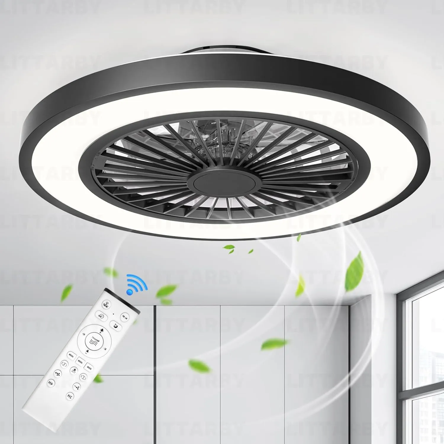 Ceiling Fans with Lights and Remote, 22 Inch Enclosed Bladeless Dimmable Ceiling Fans Flush Mount, Black Modern Low Profile Ceiling Fan with Light for Bedroom, Kitchen, Living Room, Dining Room Small bladeless fan for quiet cooling