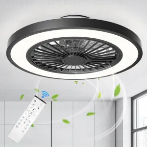 Ceiling Fans with Lights and Remote, 22 Inch Enclosed Bladeless Dimmable Ceiling Fans Flush Mount, Black Modern Low Profile Ceiling Fan with Light for Bedroom, Kitchen, Living Room, Dining Room Small bladeless fan for quiet cooling