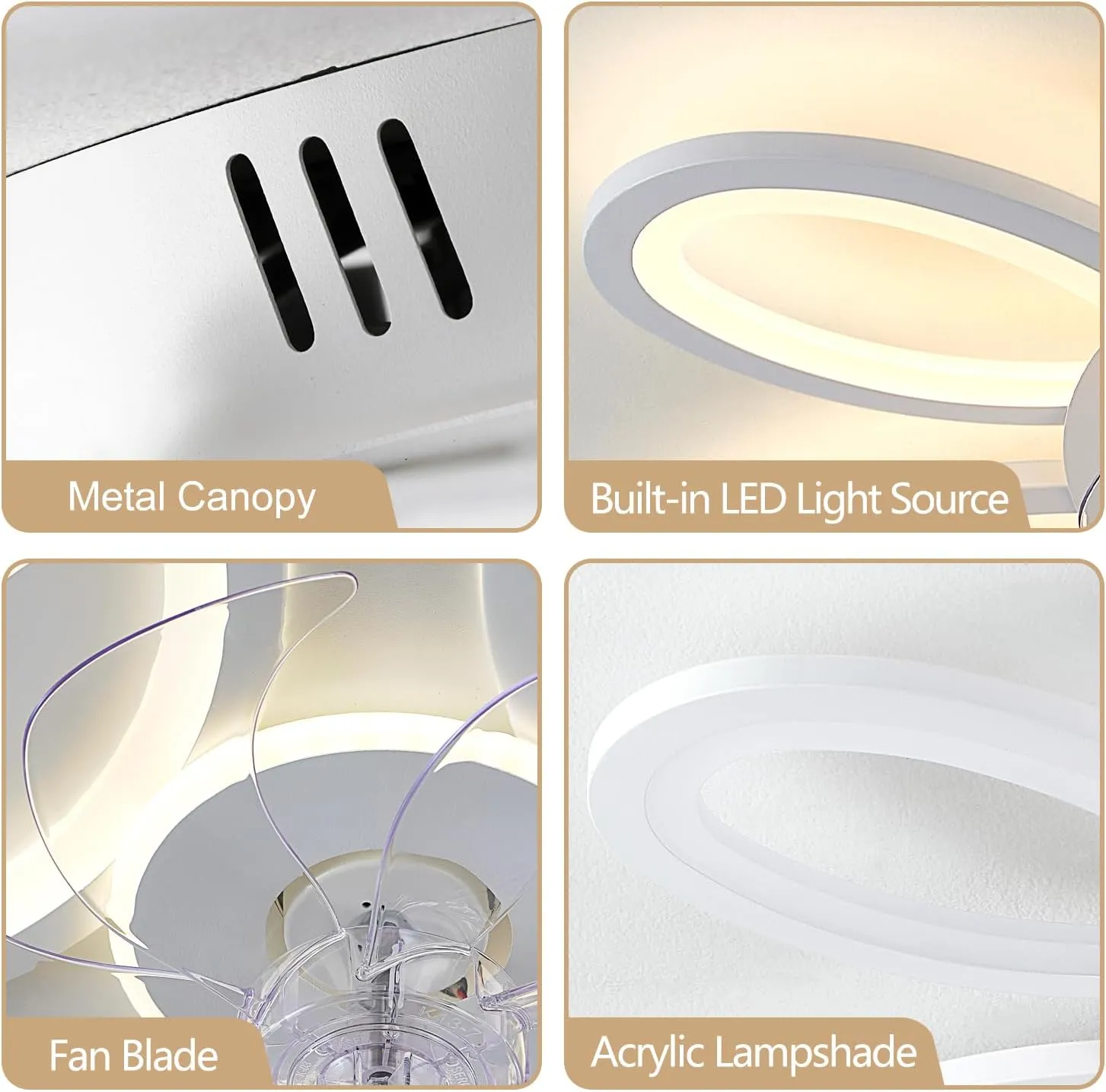 Ceiling Fans with Lights and Remote, 25 Inch Modern Low Profile Flush Mount Ceiling Fan, Dimmable LED Ceiling Light Fixture, Small Ceiling Fans for Bedroom, Kitchen, Indoor-White