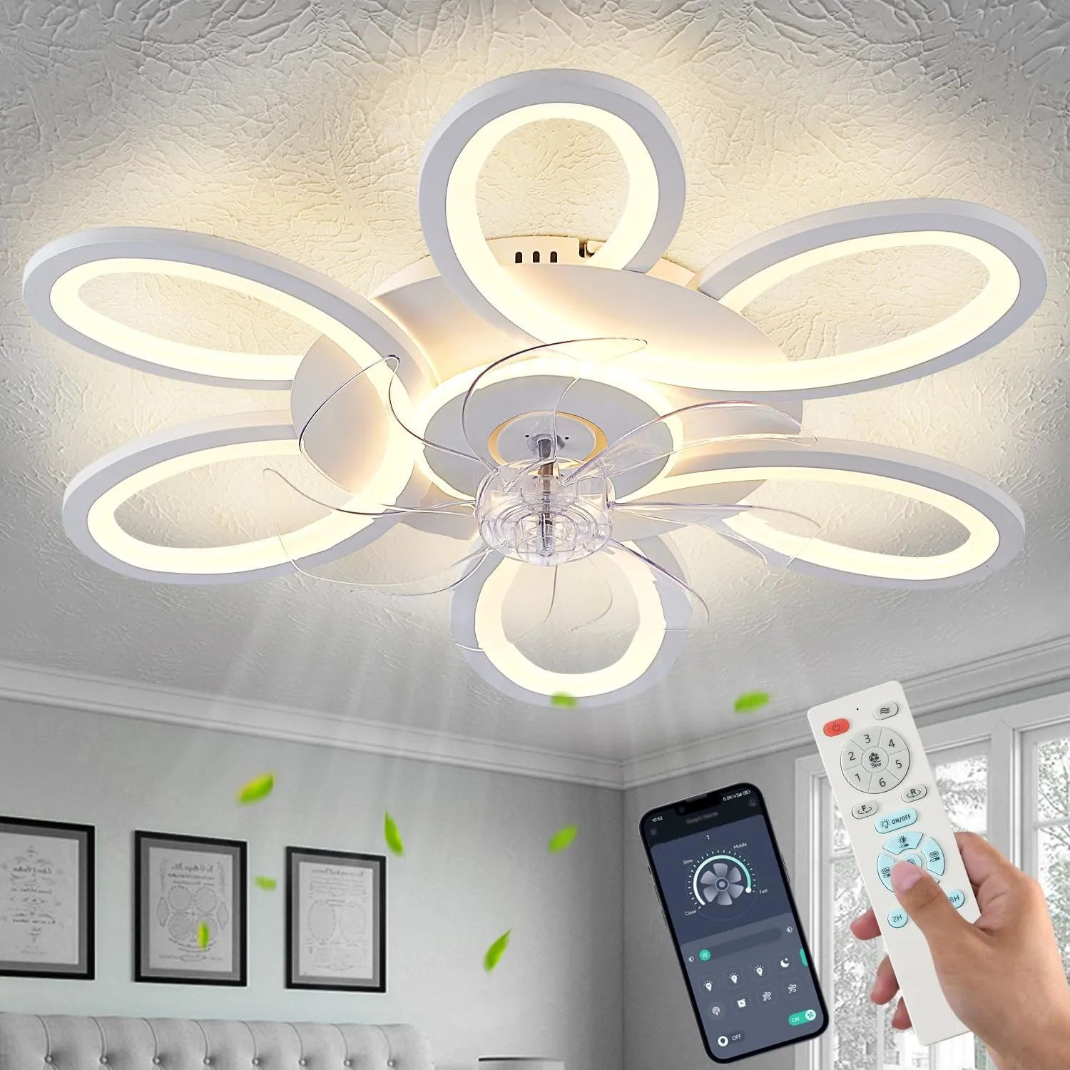 Ceiling Fans with Lights and Remote, 25 Inch Modern Low Profile Flush Mount Ceiling Fan, Dimmable LED Ceiling Light Fixture, Small Ceiling Fans for Bedroom, Kitchen, Indoor-White App-controlled remote fan for convenience