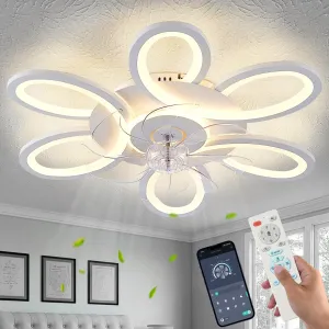 Ceiling Fans with Lights and Remote, 25 Inch Modern Low Profile Flush Mount Ceiling Fan, Dimmable LED Ceiling Light Fixture, Small Ceiling Fans for Bedroom, Kitchen, Indoor-White App-controlled remote fan for convenience