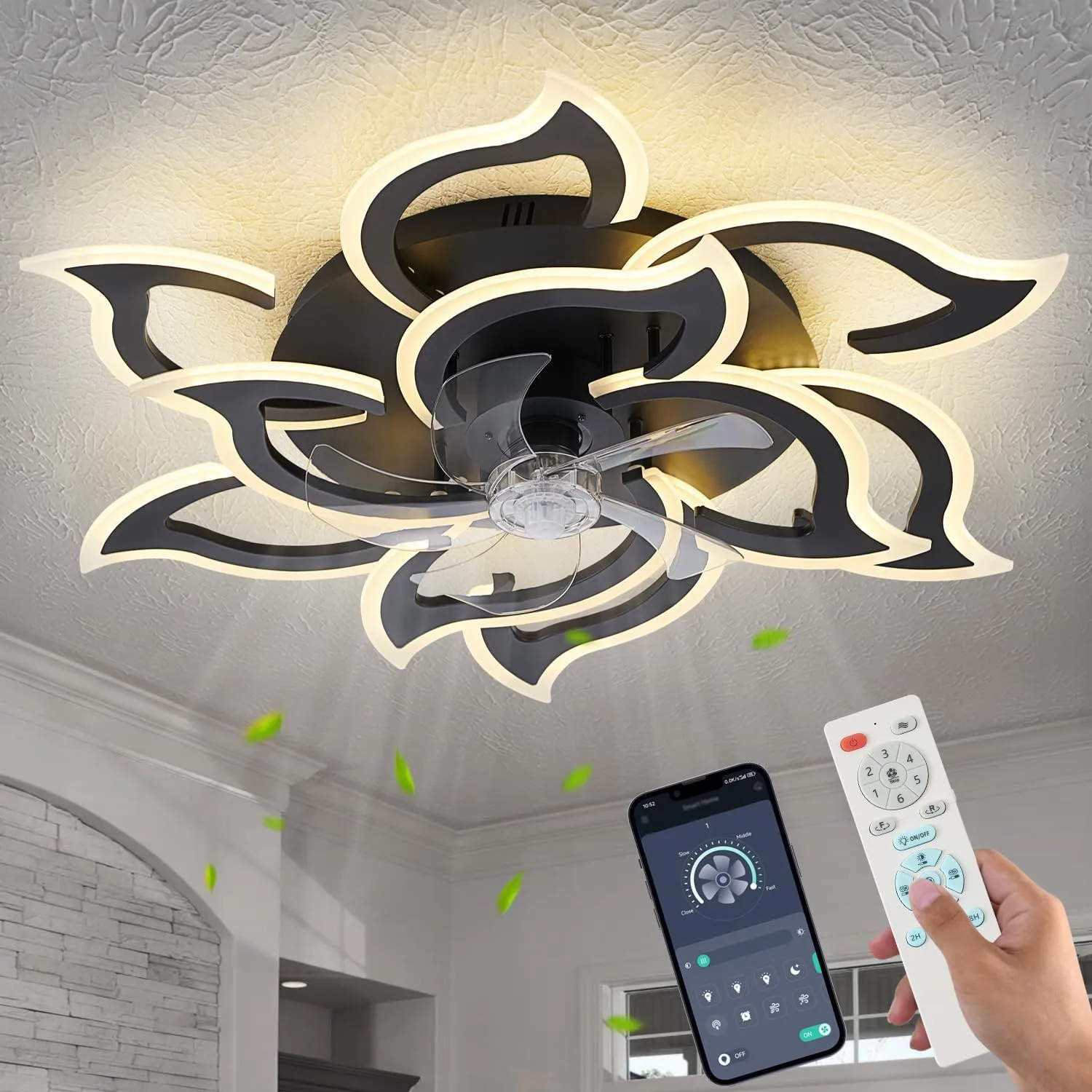 Ceiling Fans with Lights and Remote, 32Inch Modern Low Profile Ceiling Fan with App Control, Dimmable LED Flush Mount Ceiling Fan Lights, Ceiling Fans for LivingroomDiningroom, Kitchen, Indoor-Black App-controlled remote fan for convenience
