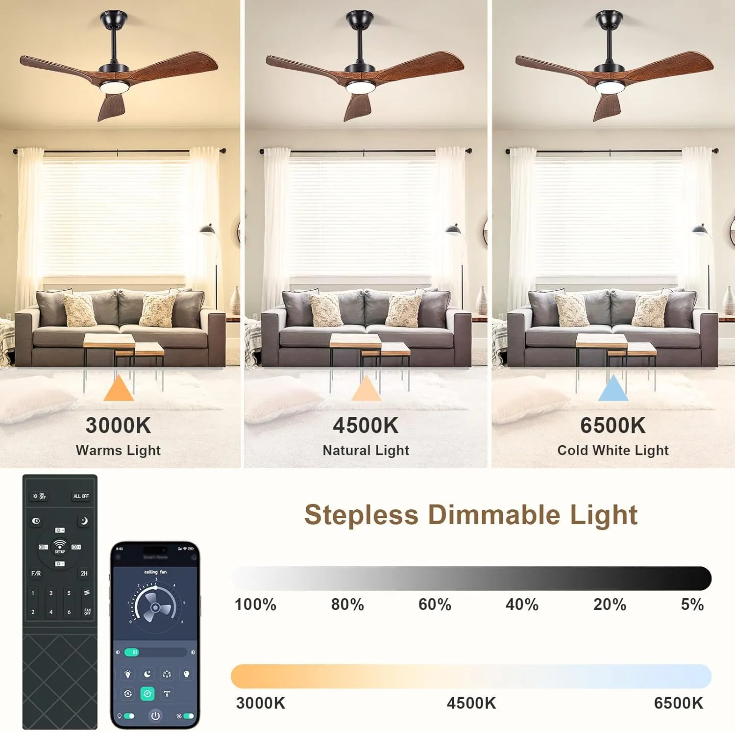 Ceiling Fans with Lights and Remote: 42-Inch Ceiling Fan 3 Blades Low Profile Outdoor - Walnut Ceiling Fans with Remote APP Control Quiet Reversible DC Motor for Patio Living Room