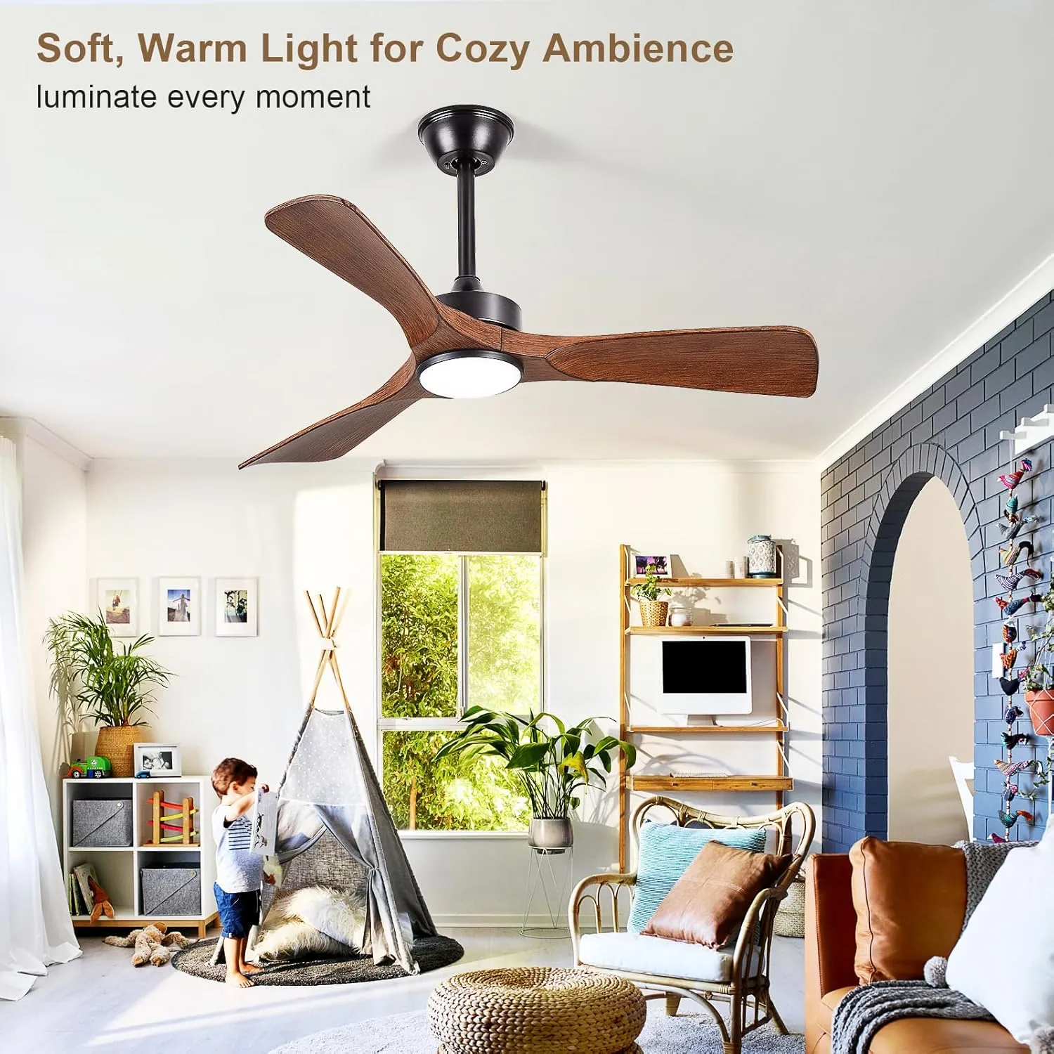 Ceiling Fans with Lights and Remote: 42-Inch Ceiling Fan 3 Blades Low Profile Outdoor - Walnut Ceiling Fans with Remote APP Control Quiet Reversible DC Motor for Patio Living Room