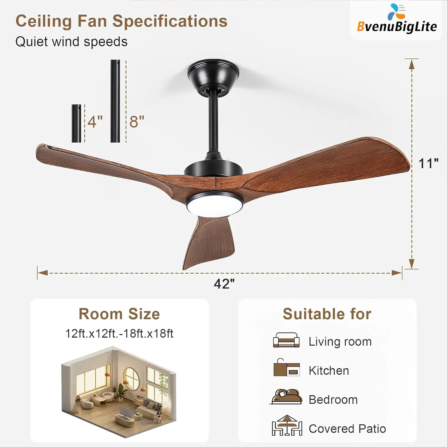 Ceiling Fans with Lights and Remote: 42-Inch Ceiling Fan 3 Blades Low Profile Outdoor - Walnut Ceiling Fans with Remote APP Control Quiet Reversible DC Motor for Patio Living Room