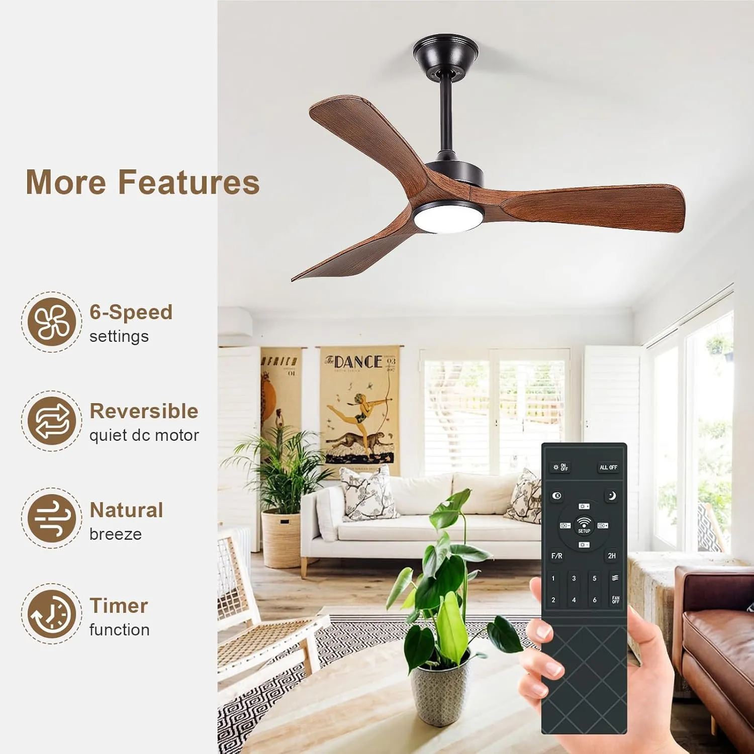 Ceiling Fans with Lights and Remote: 42-Inch Ceiling Fan 3 Blades Low Profile Outdoor - Walnut Ceiling Fans with Remote APP Control Quiet Reversible DC Motor for Patio Living Room