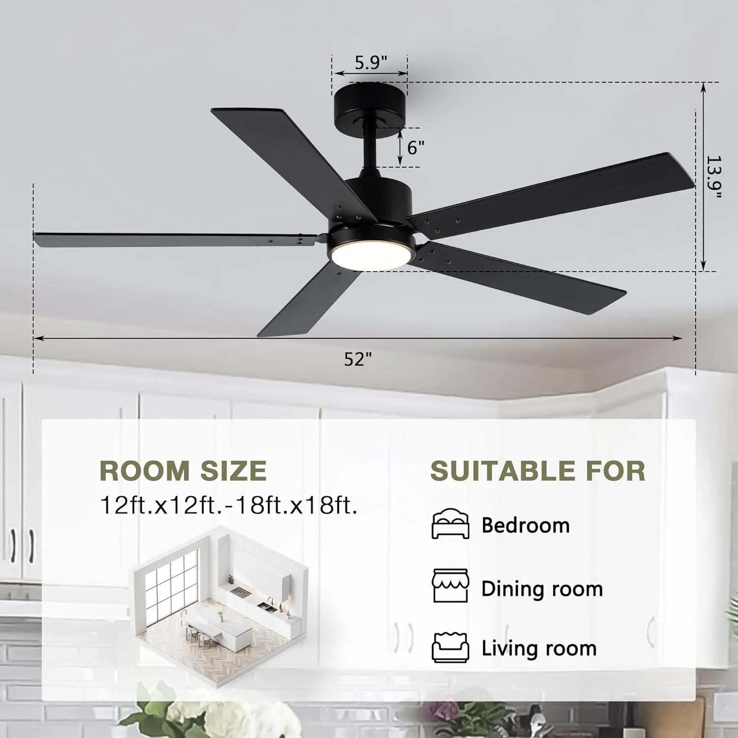 Ceiling Fans with Lights and Remote 52 Inch Modern Ceiling Fan with 6 Speeds, Dimmable LED, Reversible Noiseless DC Motor, Two-Color Blades, Cooling Fan for Bedroom, Living Room, Dining Room