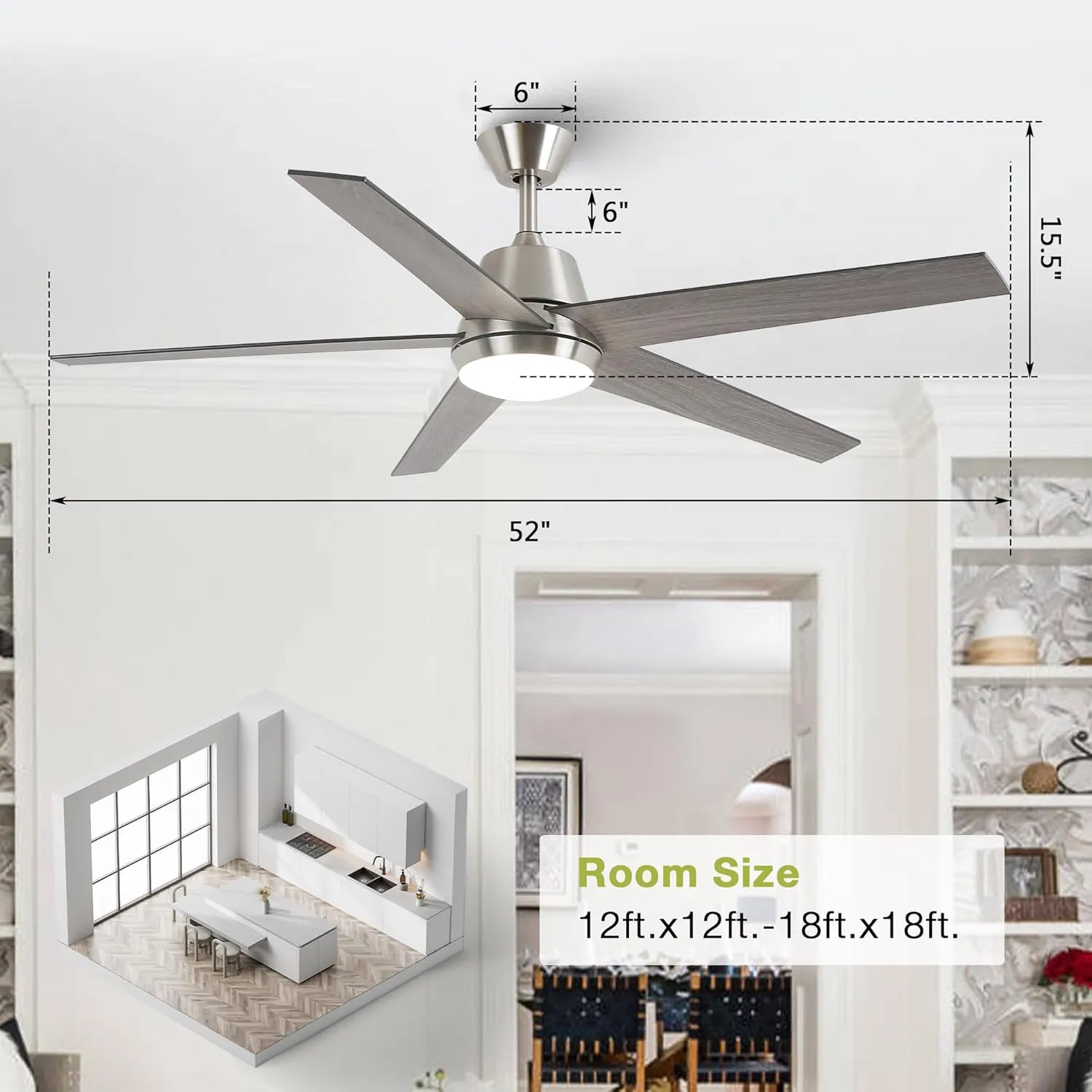 Ceiling Fans with Lights and Remote 52 Inch Modern Ceiling Fan with 6 Speeds, Dimmable LED, Reversible Noiseless DC Motor, Two-Color Blades, Cooling Fan for Bedroom, Living Room, Dining Room