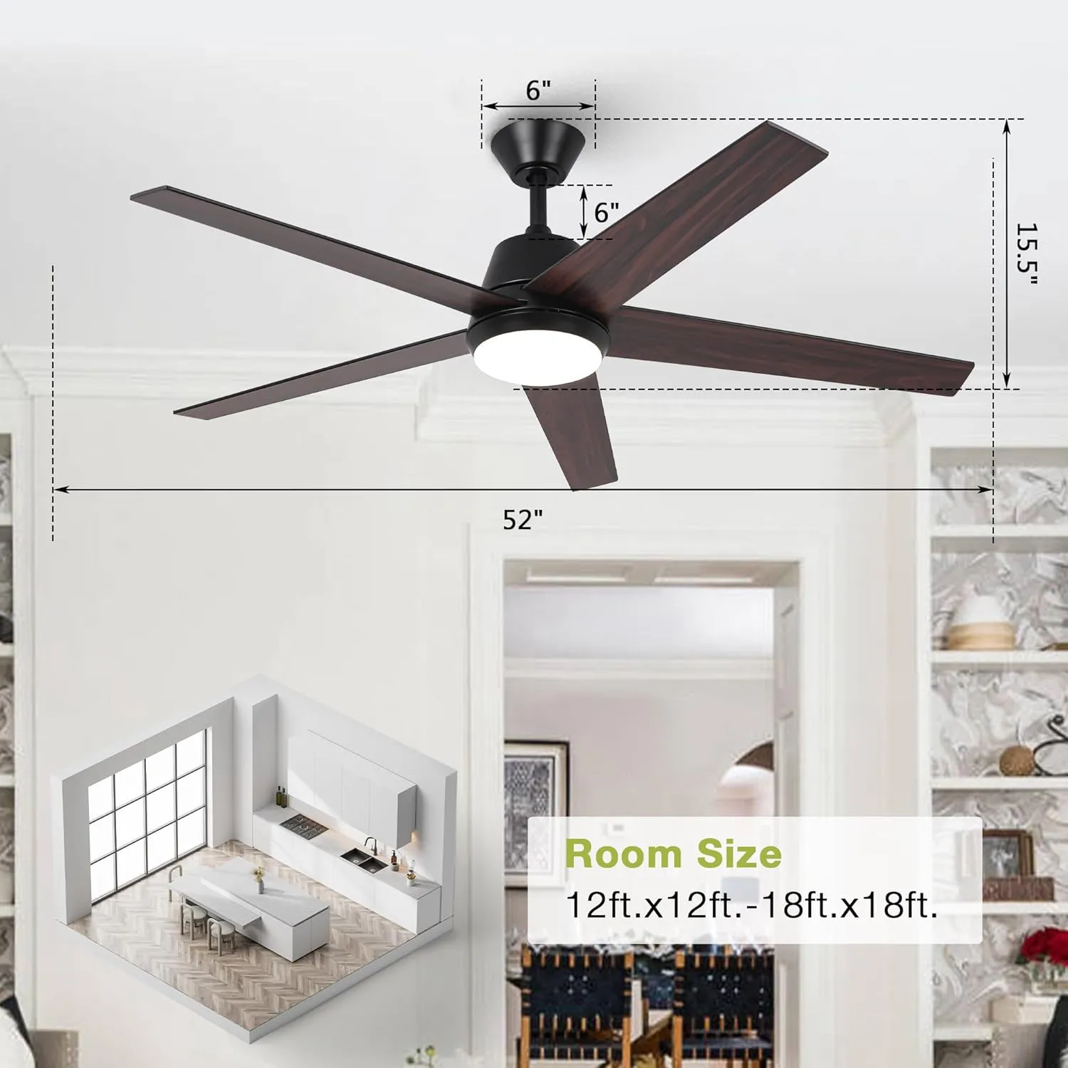 Ceiling Fans with Lights and Remote 52 Inch Modern Ceiling Fan with Quiet Reversible DC Motor Timer Black Ceiling Fan for Bedroom Living Room Dining Room
