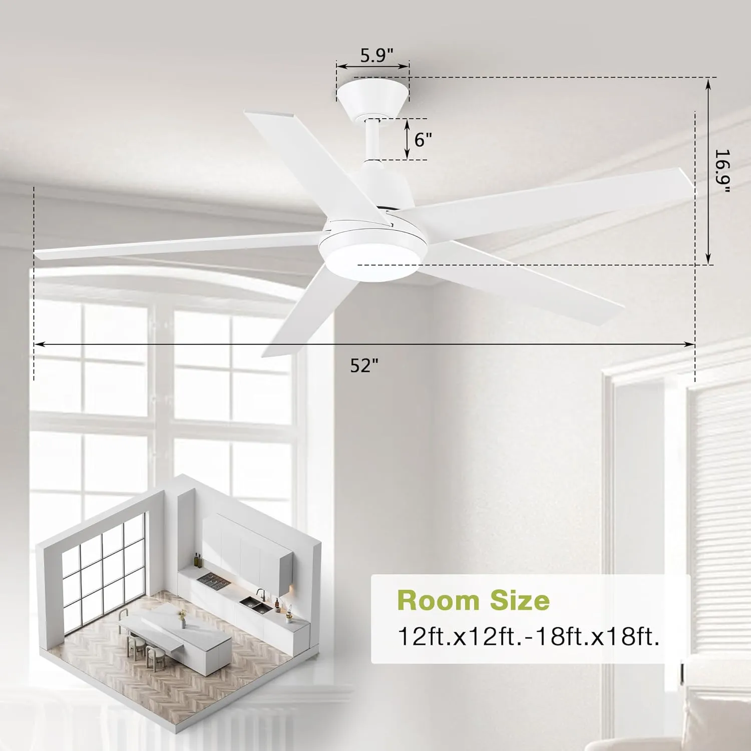 Ceiling Fans with Lights and Remote - 52 Inch Modern Cooling Fan with Noiseless Reversible DC Motor Timer White Ceiling Fan for Bedroom Living Room Dining room
