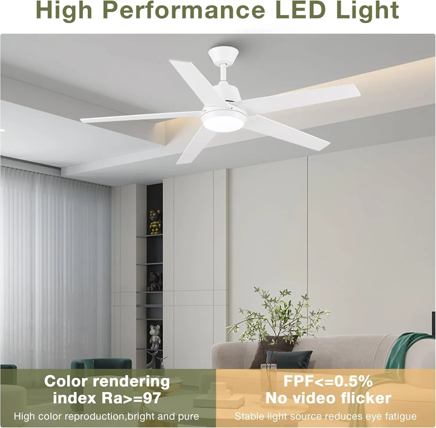 Ceiling Fans with Lights and Remote - 52 Inch Modern Cooling Fan with Noiseless Reversible DC Motor Timer White Ceiling Fan for Bedroom Living Room Dining room