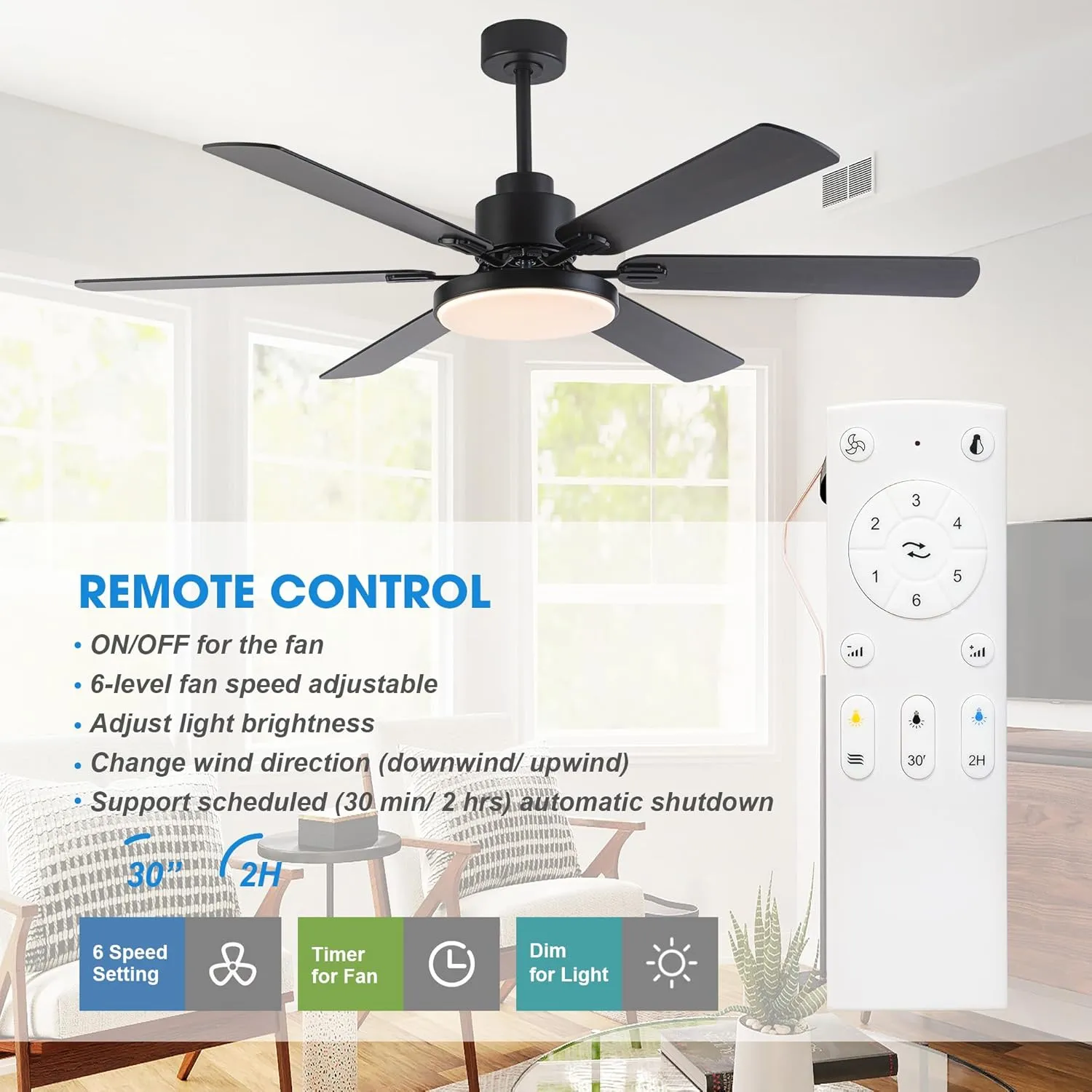 Ceiling Fans with Lights and Remote, 60 Inch Black Ceiling Fan with Light for Bedroom Living Room, Flush Mount Large Outdoor Ceiling Fans for Patios, Dimmable LED Chandelier, Reversible Blades, ETL