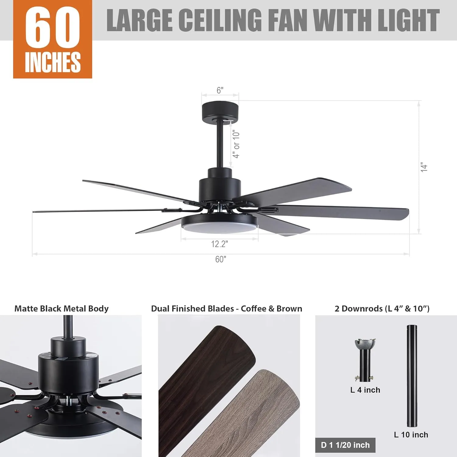 Ceiling Fans with Lights and Remote, 60 Inch Black Ceiling Fan with Light for Bedroom Living Room, Flush Mount Large Outdoor Ceiling Fans for Patios, Dimmable LED Chandelier, Reversible Blades, ETL