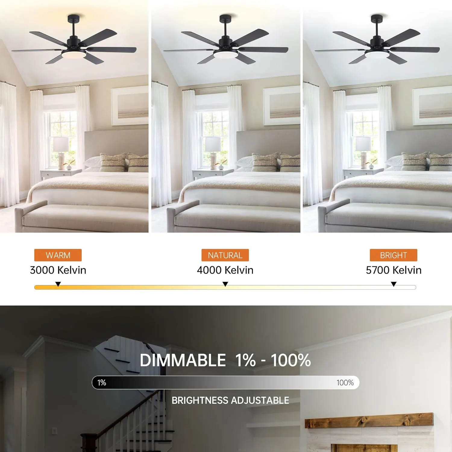 Ceiling Fans with Lights and Remote, 60 Inch Black Ceiling Fan with Light for Bedroom Living Room, Flush Mount Large Outdoor Ceiling Fans for Patios, Dimmable LED Chandelier, Reversible Blades, ETL