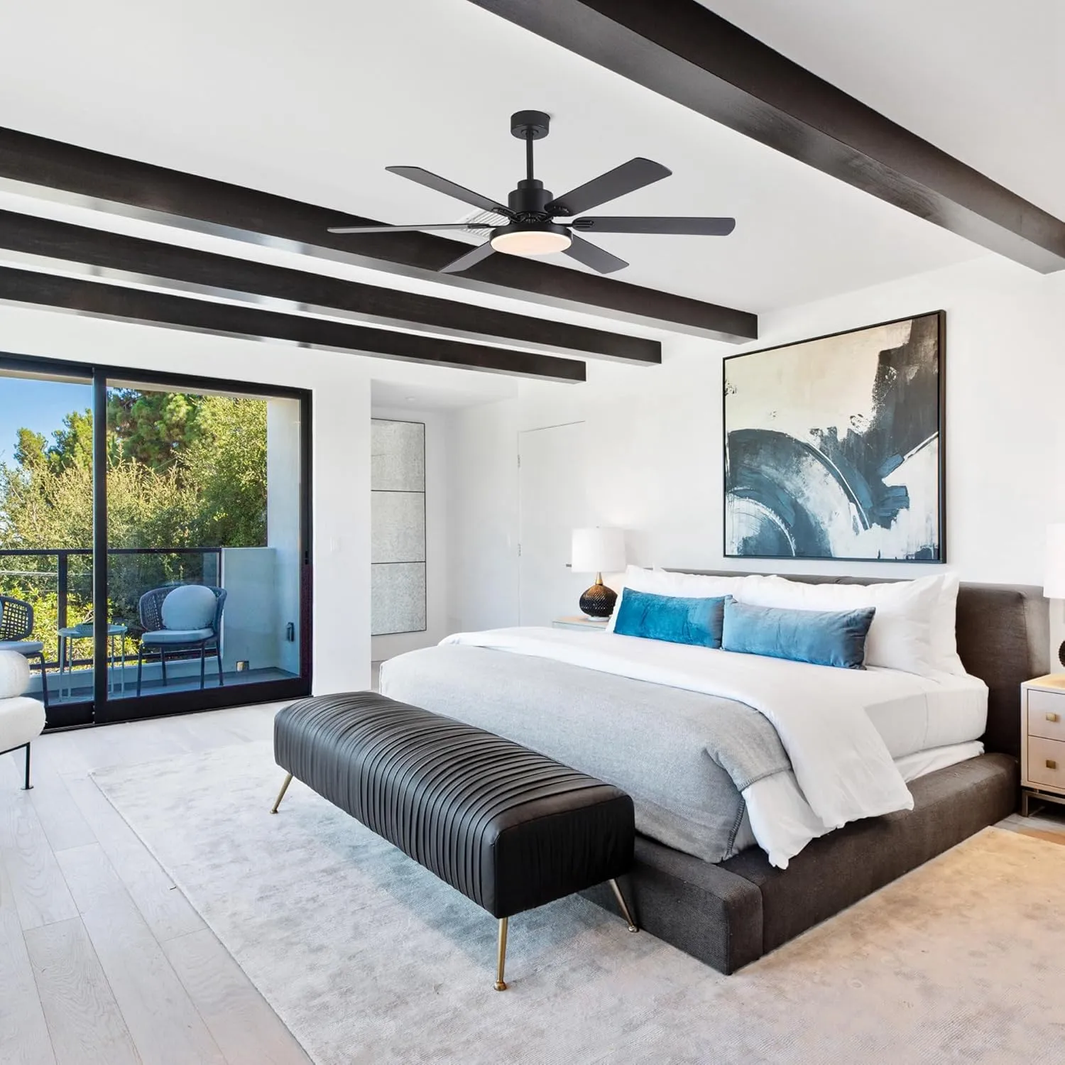 Ceiling Fans with Lights and Remote, 60 Inch Black Ceiling Fan with Light for Bedroom Living Room, Flush Mount Large Outdoor Ceiling Fans for Patios, Dimmable LED Chandelier, Reversible Blades, ETL