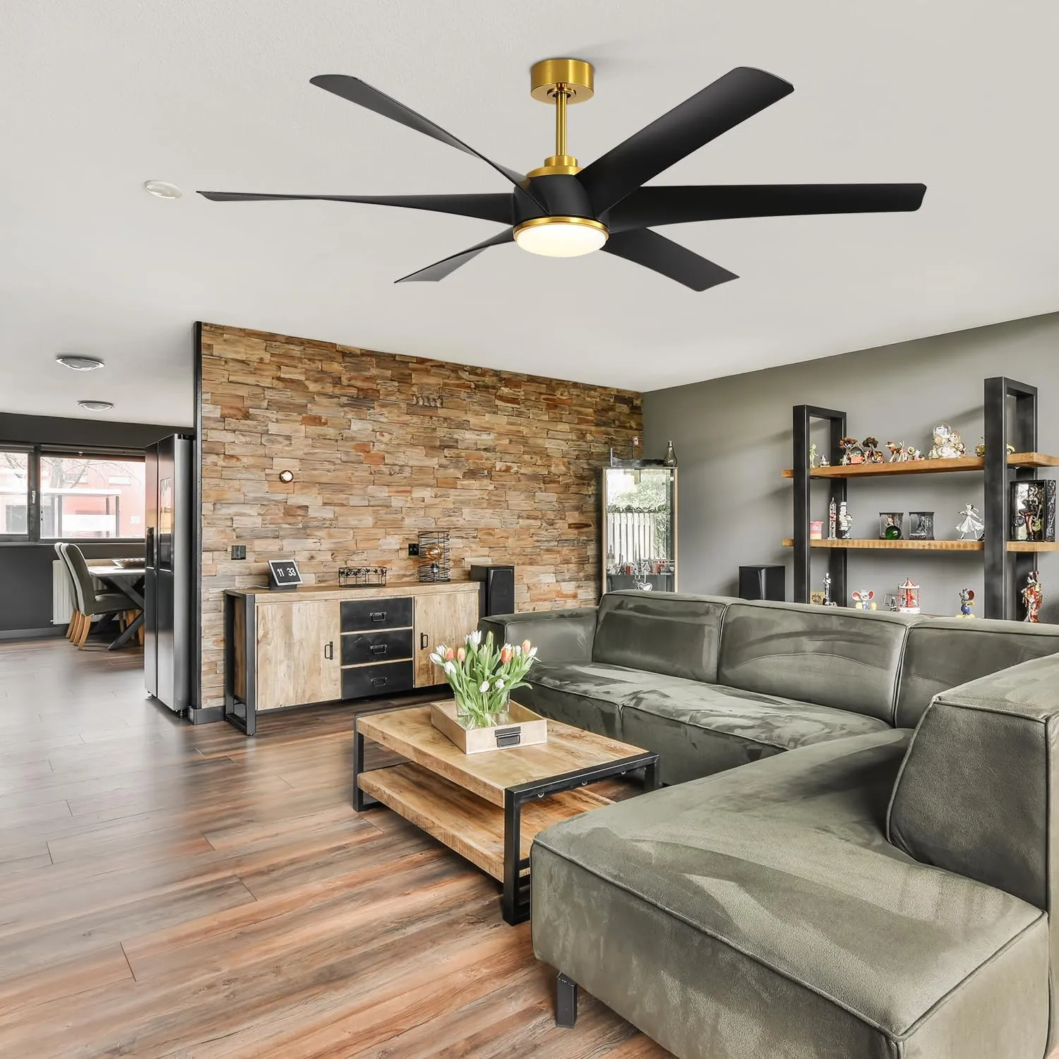 Ceiling Fans with Lights and Remote, 65 inch Black and Gold Ceiling Fan with 6 Blades, Reversible DC Motor, 3 Color Temperature, 6-Speed, Industrial Large Ceiling Fan for Living Room Bedroom