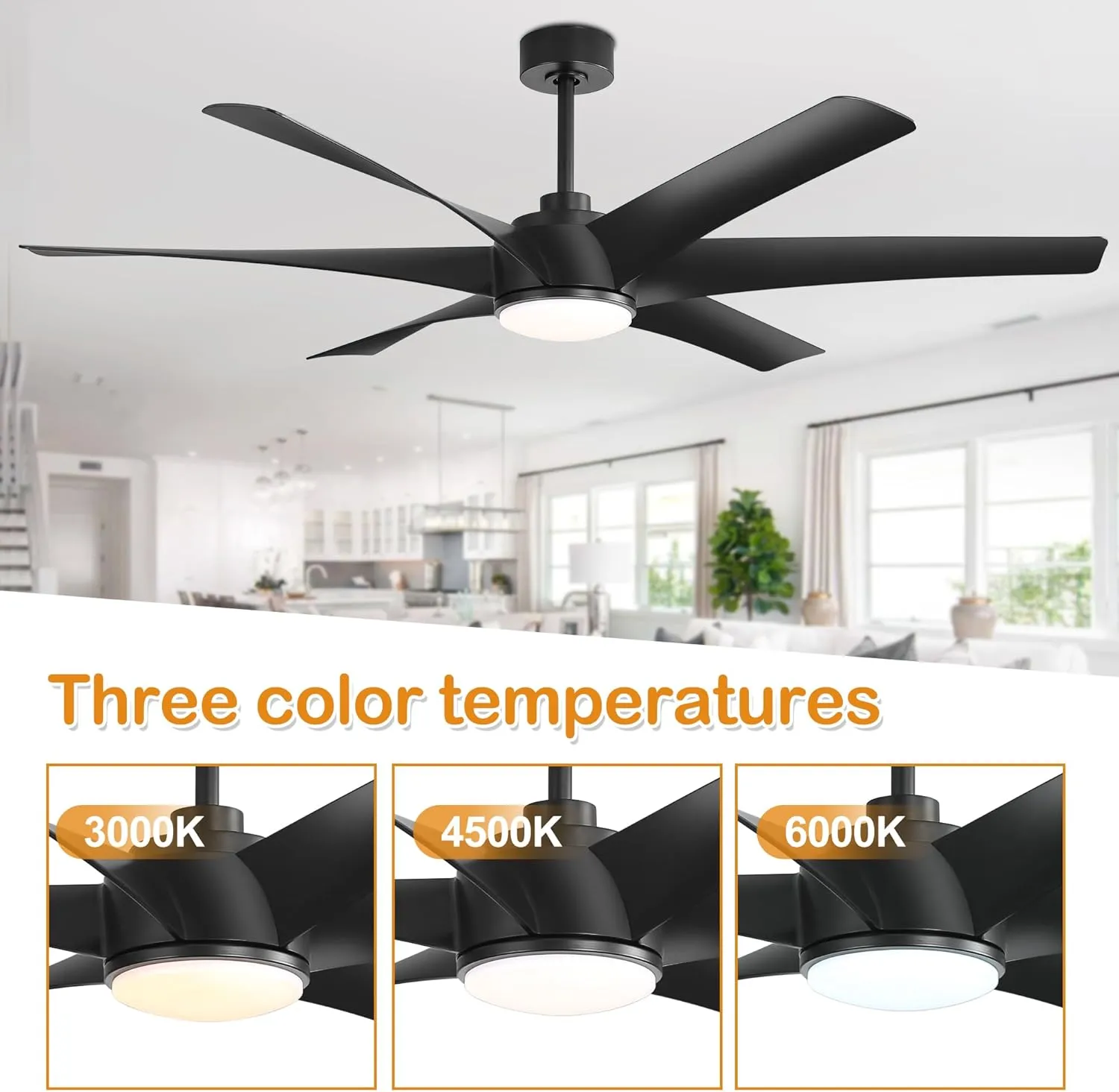 Ceiling Fans with Lights and Remote, 65 inch Black Ceiling Fan with 6 Blades, Reversible DC Motor, 3 Color Temperature, 6-Speed,Industrial Large Ceiling Fan for Living Room Home Bedroom