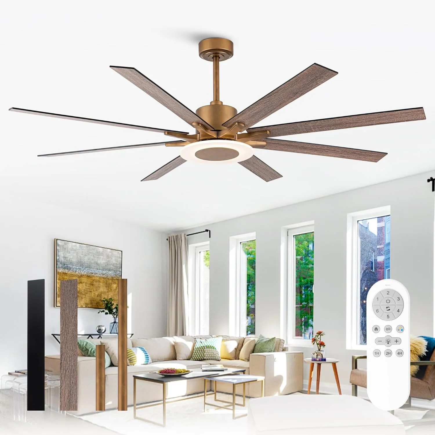 Ceiling Fans with Lights and Remote, 65 Inch Brass Ceiling Fan with Light Rustic Black Outdoor Ceiling Fans for Patios Covered, Dimmable LED, 6 Speeds, Reversible DC Motor, Ventilador de Techo con Luz Fan with safety blade design