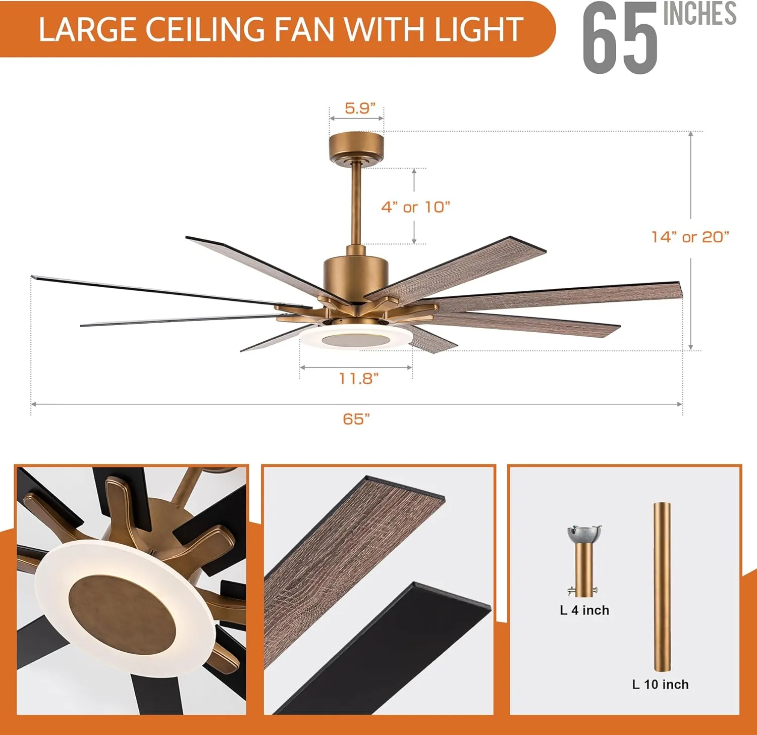 Ceiling Fans with Lights and Remote, 65 Inch Brass Ceiling Fan with Light Rustic Black Outdoor Ceiling Fans for Patios Covered, Dimmable LED, 6 Speeds, Reversible DC Motor, Ventilador de Techo con Luz