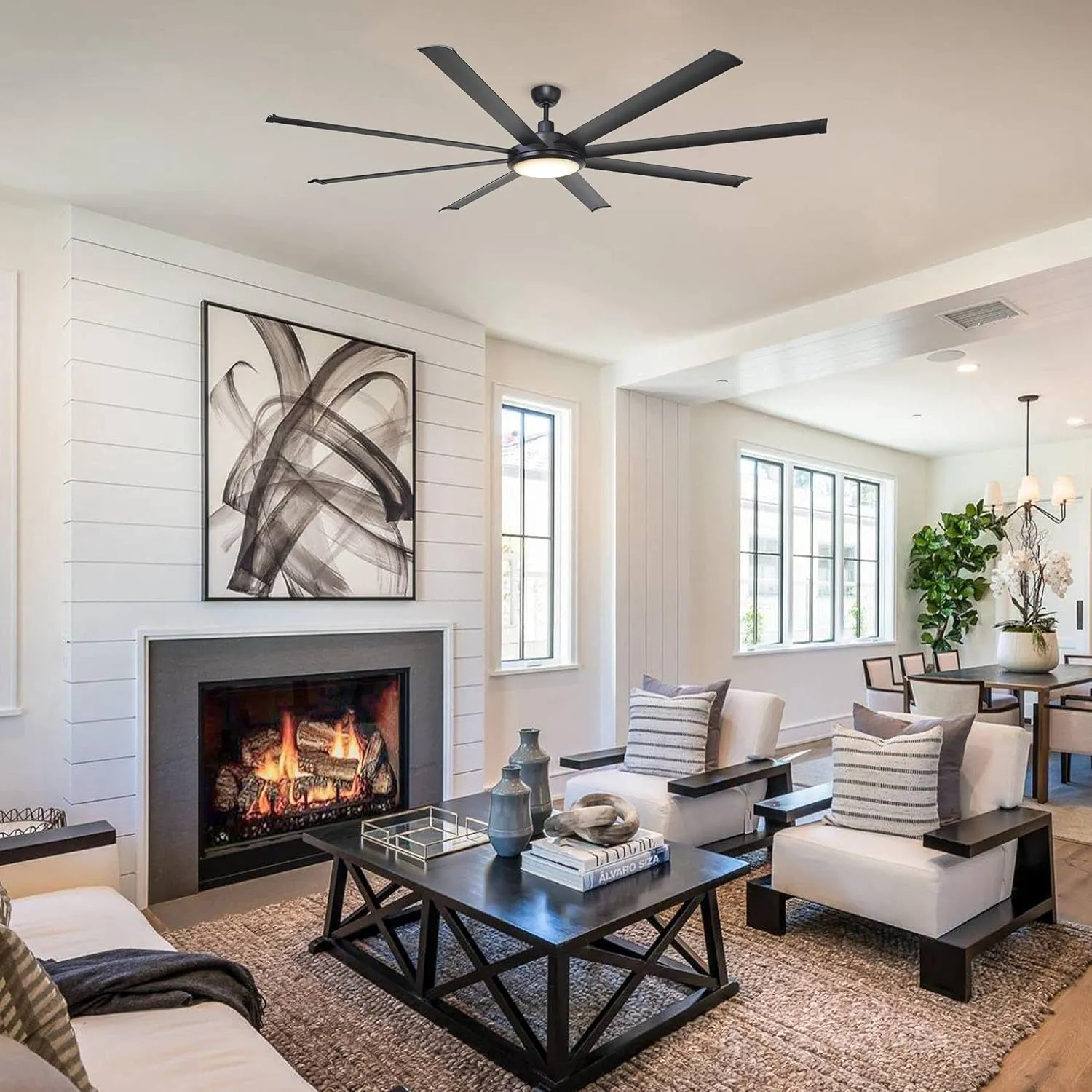 Ceiling Fans with Lights and Remote, 75 Inch Large Black Ceiling Fans with LED Light Flush Mount for Bedroom Living Room Indoor/ Outdoor, High CFM, DC Motor Reversible 8 Blades, Timer, ETL Tested