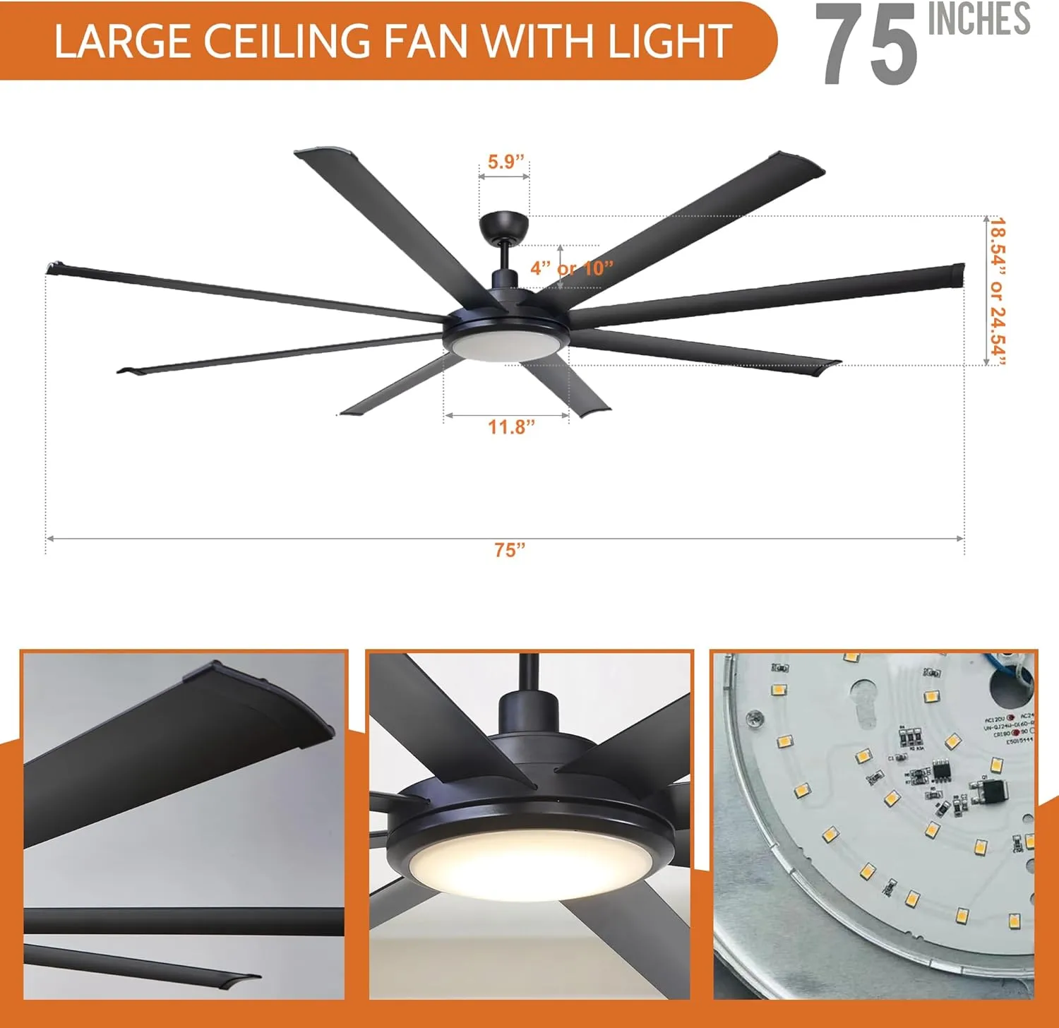 Ceiling Fans with Lights and Remote, 75 Inch Large Black Ceiling Fans with LED Light Flush Mount for Bedroom Living Room Indoor/ Outdoor, High CFM, DC Motor Reversible 8 Blades, Timer, ETL Tested