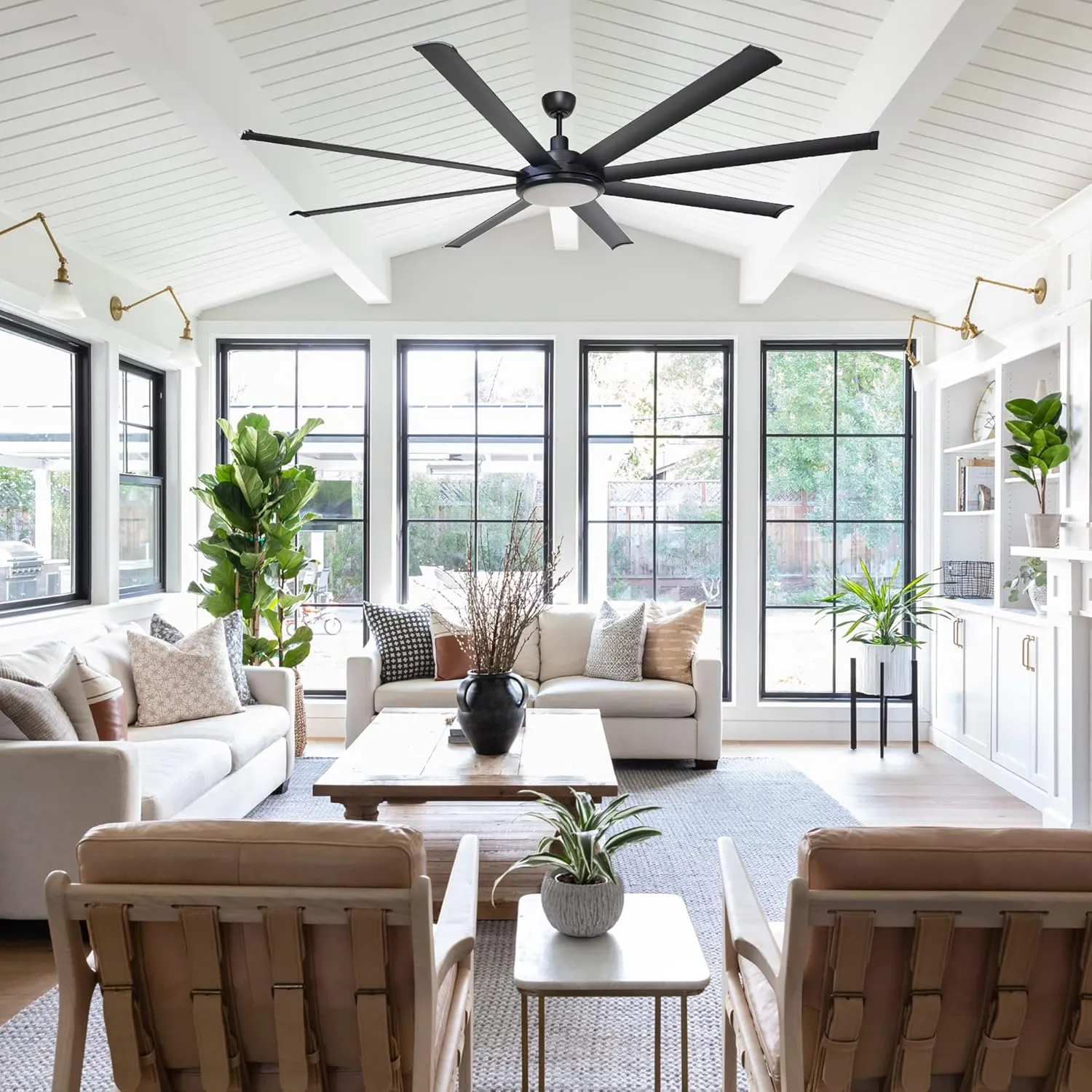 Ceiling Fans with Lights and Remote, 75 Inch Large Black Ceiling Fans with LED Light Flush Mount for Bedroom Living Room Indoor/ Outdoor, High CFM, DC Motor Reversible 8 Blades, Timer, ETL Tested