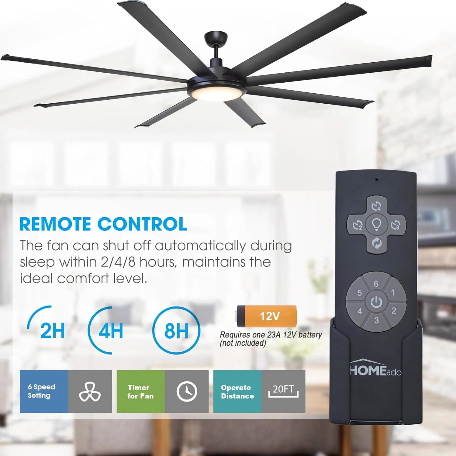 Ceiling Fans with Lights and Remote, 75 Inch Large Black Ceiling Fans with LED Light Flush Mount for Bedroom Living Room Indoor/ Outdoor, High CFM, DC Motor Reversible 8 Blades, Timer, ETL Tested