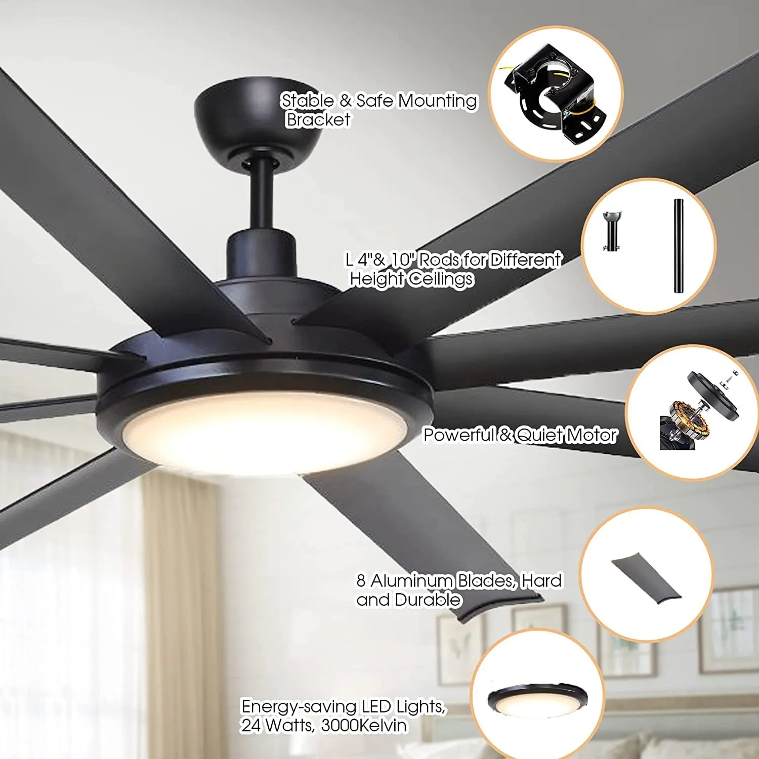 Ceiling Fans with Lights and Remote, 75 Inch Large Black Ceiling Fans with LED Light Flush Mount for Bedroom Living Room Indoor/ Outdoor, High CFM, DC Motor Reversible 8 Blades, Timer, ETL Tested