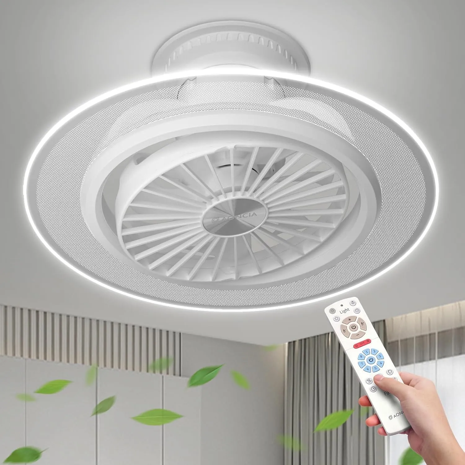 Ceiling Fans with Lights and Remote - 8 Speeds Flush Mount Ceiling Fan with Memory, Reversible, 2700-6500k Dimmable Smart Bladeless LED Fan Light, Low Profile Enclosed Ceiling Fan with Light 360-degree rotating fan for home use