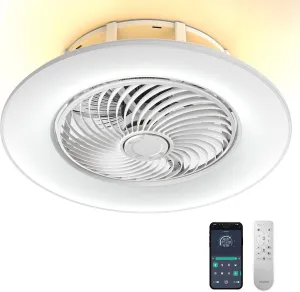 Ceiling Fans with Lights and Remote Control 22 inch with Ambient Light Bladeless Low Profile Ceiling Fan Flush Mount Enclosed Smart Ceiling Fan Light LED Dimmable Lighting (Moonlight Model) Fan with safety blade design