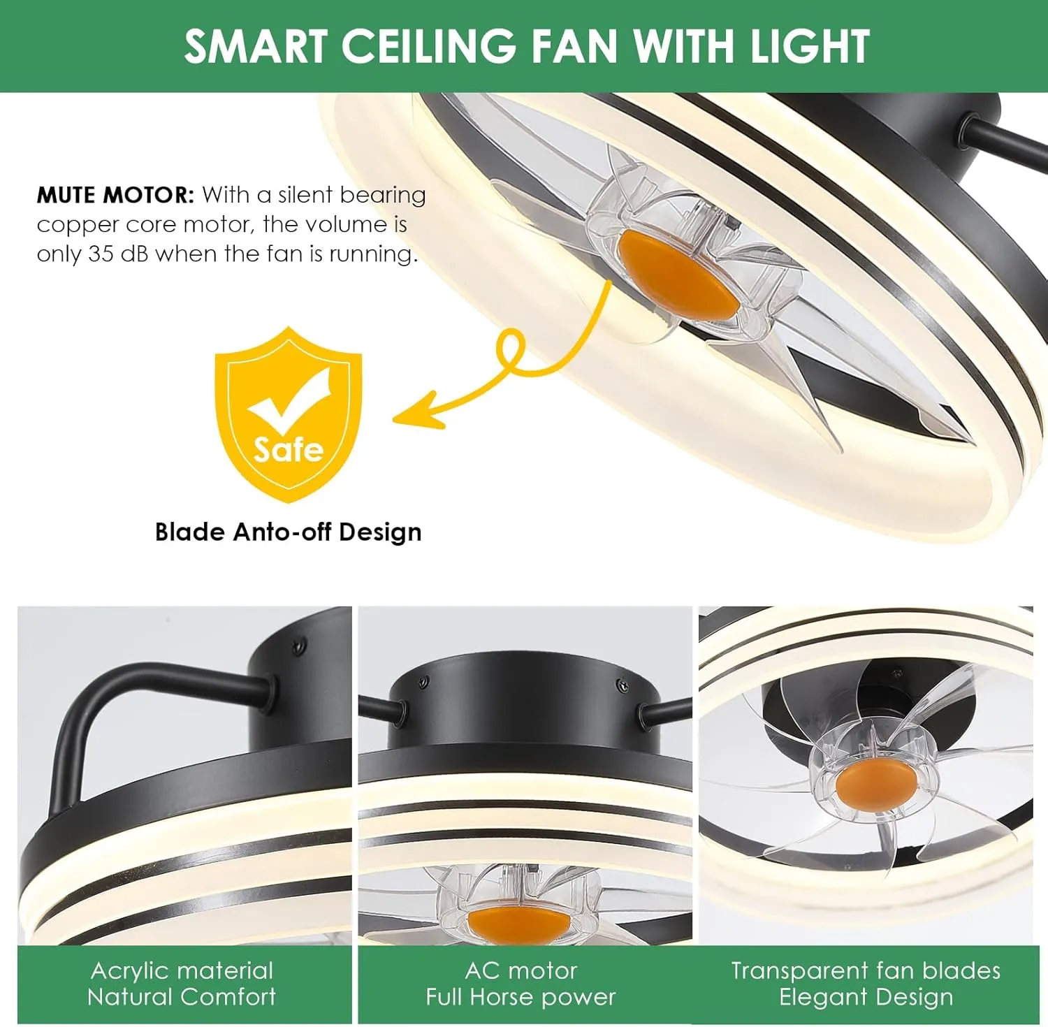 Ceiling Fans with Lights and Remote - Flush Mount Low Profile Ceiling Fans - 13 Bladeless Enclosed Ceiling Fans with Led Light and Stepless Dimming, Small Modern Ceiling Fan for Bedroom