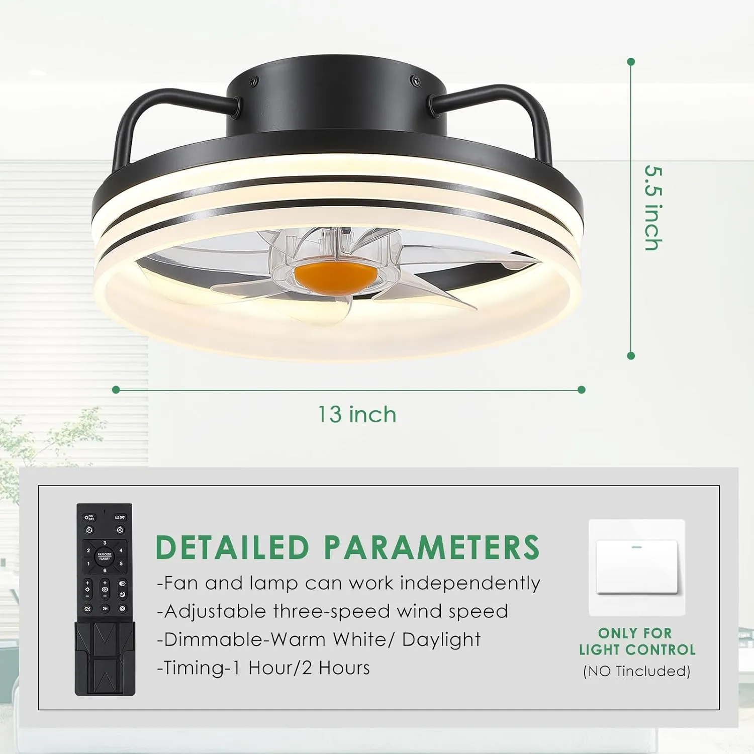 Ceiling Fans with Lights and Remote - Flush Mount Low Profile Ceiling Fans - 13 Bladeless Enclosed Ceiling Fans with Led Light and Stepless Dimming, Small Modern Ceiling Fan for Bedroom