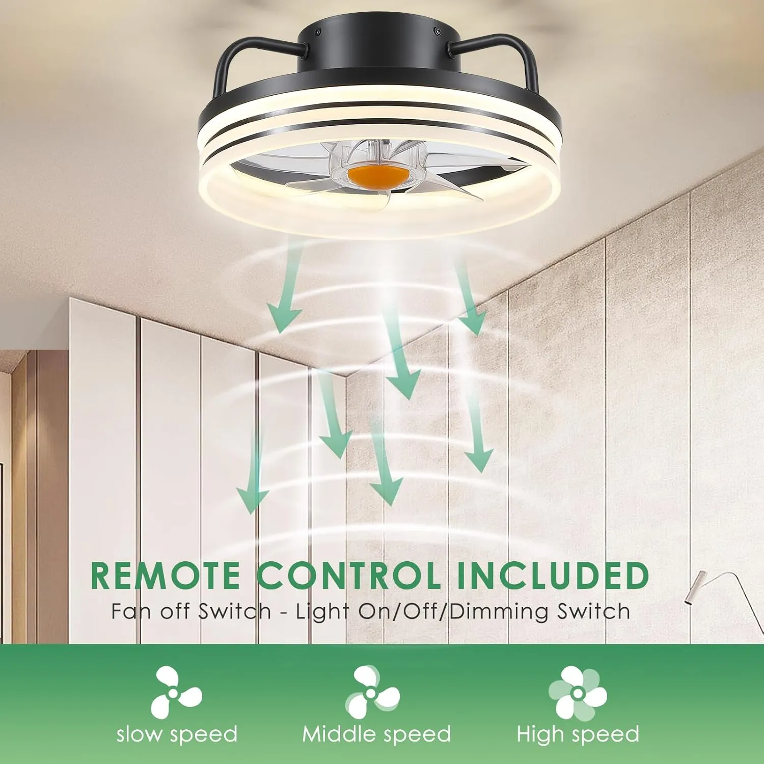Ceiling Fans with Lights and Remote - Flush Mount Low Profile Ceiling Fans - 13 Bladeless Enclosed Ceiling Fans with Led Light and Stepless Dimming, Small Modern Ceiling Fan for Bedroom