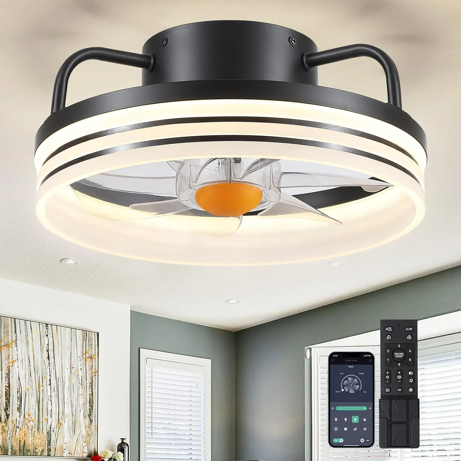 Ceiling Fans with Lights and Remote - Flush Mount Low Profile Ceiling Fans - 13 Bladeless Enclosed Ceiling Fans with Led Light and Stepless Dimming, Small Modern Ceiling Fan for Bedroom Small bladeless fan for quiet cooling
