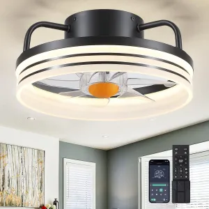 Ceiling Fans with Lights and Remote - Flush Mount Low Profile Ceiling Fans - 13 Bladeless Enclosed Ceiling Fans with Led Light and Stepless Dimming, Small Modern Ceiling Fan for Bedroom Small bladeless fan for quiet cooling
