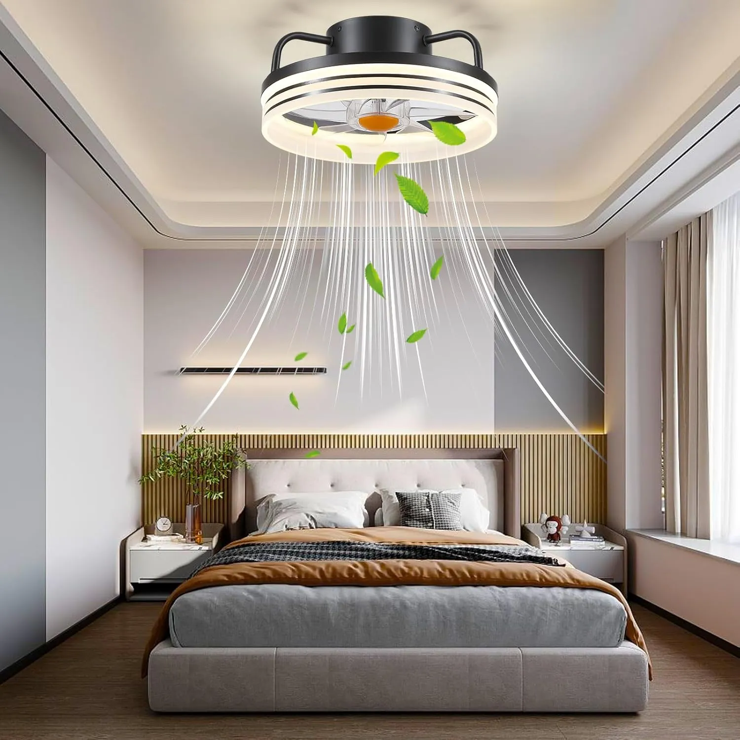 Ceiling Fans with Lights and Remote - Flush Mount Low Profile Ceiling Fans - 13 Bladeless Enclosed Ceiling Fans with Led Light and Stepless Dimming, Small Modern Ceiling Fan for Bedroom