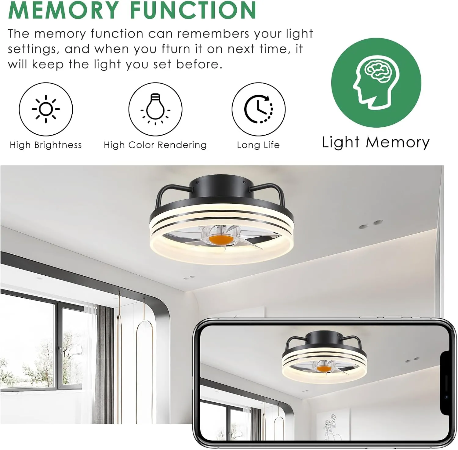 Ceiling Fans with Lights and Remote - Flush Mount Low Profile Ceiling Fans - 13 Bladeless Enclosed Ceiling Fans with Led Light and Stepless Dimming, Small Modern Ceiling Fan for Bedroom
