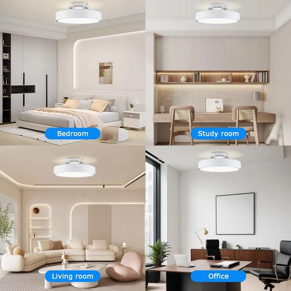 Ceiling Fans with Lights and Remote, Flush Mount Modern Bladeless Ceiling Fan with Light, 6 Speeds, Stepless dimming and CCT 3000K-6000K LED Lights for Bedroom, Study Room (White, 20.1)