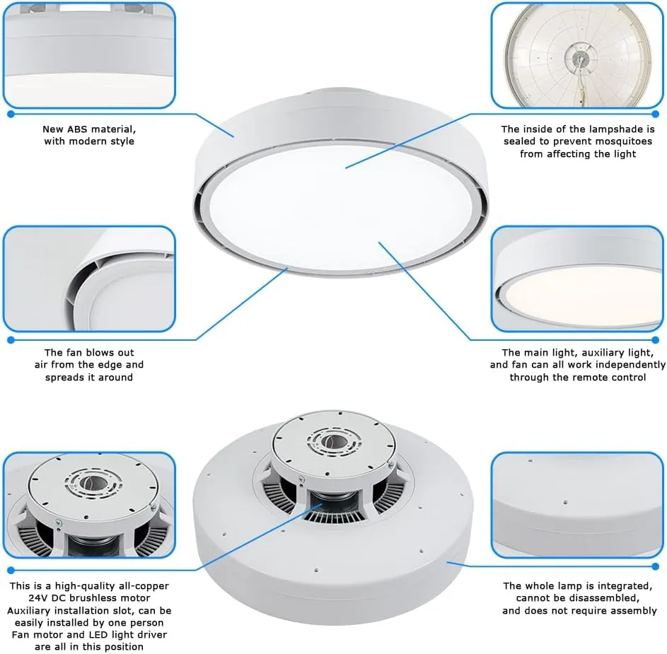 Ceiling Fans with Lights and Remote, Flush Mount Modern Bladeless Ceiling Fan with Light, 6 Speeds, Stepless dimming and CCT 3000K-6000K LED Lights for Bedroom, Study Room (White, 20.1)