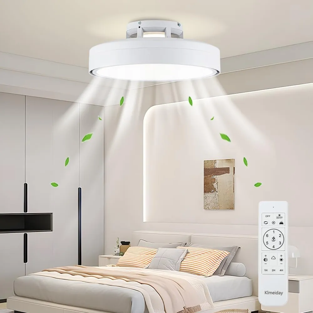 Ceiling Fans with Lights and Remote, Flush Mount Modern Bladeless Ceiling Fan with Light, 6 Speeds, Stepless dimming and CCT 3000K-6000K LED Lights for Bedroom, Study Room (White, 20.1) Small bladeless fan for quiet cooling