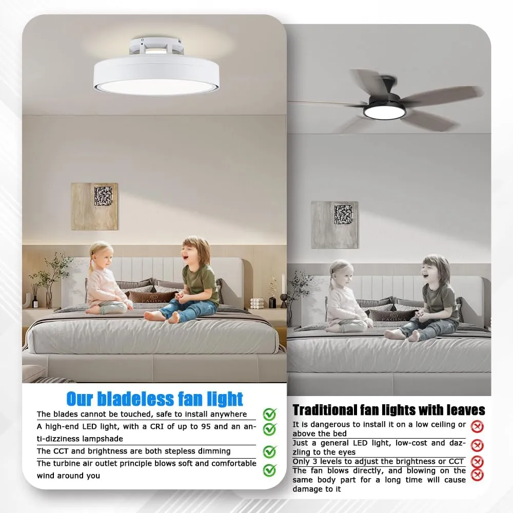 Ceiling Fans with Lights and Remote, Flush Mount Modern Bladeless Ceiling Fan with Light, 6 Speeds, Stepless dimming and CCT 3000K-6000K LED Lights for Bedroom, Study Room (White, 20.1)