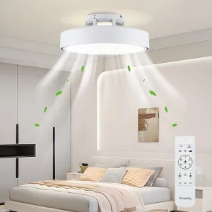 Ceiling Fans with Lights and Remote, Flush Mount Modern Bladeless Ceiling Fan with Light, 6 Speeds, Stepless dimming and CCT 3000K-6000K LED Lights for Bedroom, Study Room (White, 20.1) Small bladeless fan for quiet cooling
