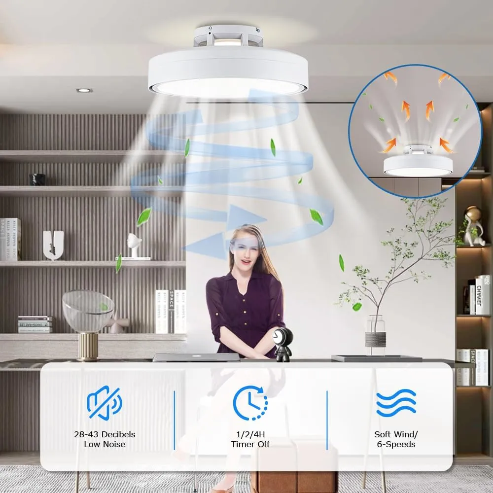 Ceiling Fans with Lights and Remote, Flush Mount Modern Bladeless Ceiling Fan with Light, 6 Speeds, Stepless dimming and CCT 3000K-6000K LED Lights for Bedroom, Study Room (White, 20.1)