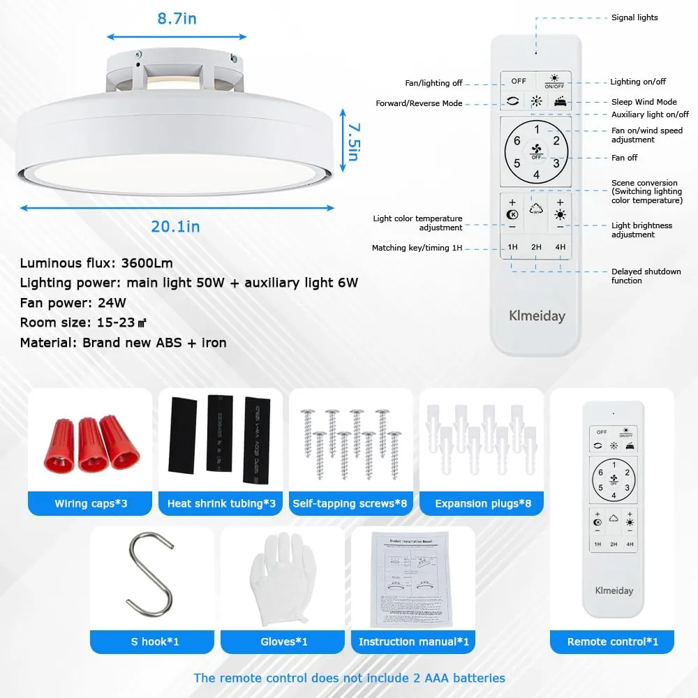 Ceiling Fans with Lights and Remote, Flush Mount Modern Bladeless Ceiling Fan with Light, 6 Speeds, Stepless dimming and CCT 3000K-6000K LED Lights for Bedroom, Study Room (White, 20.1)