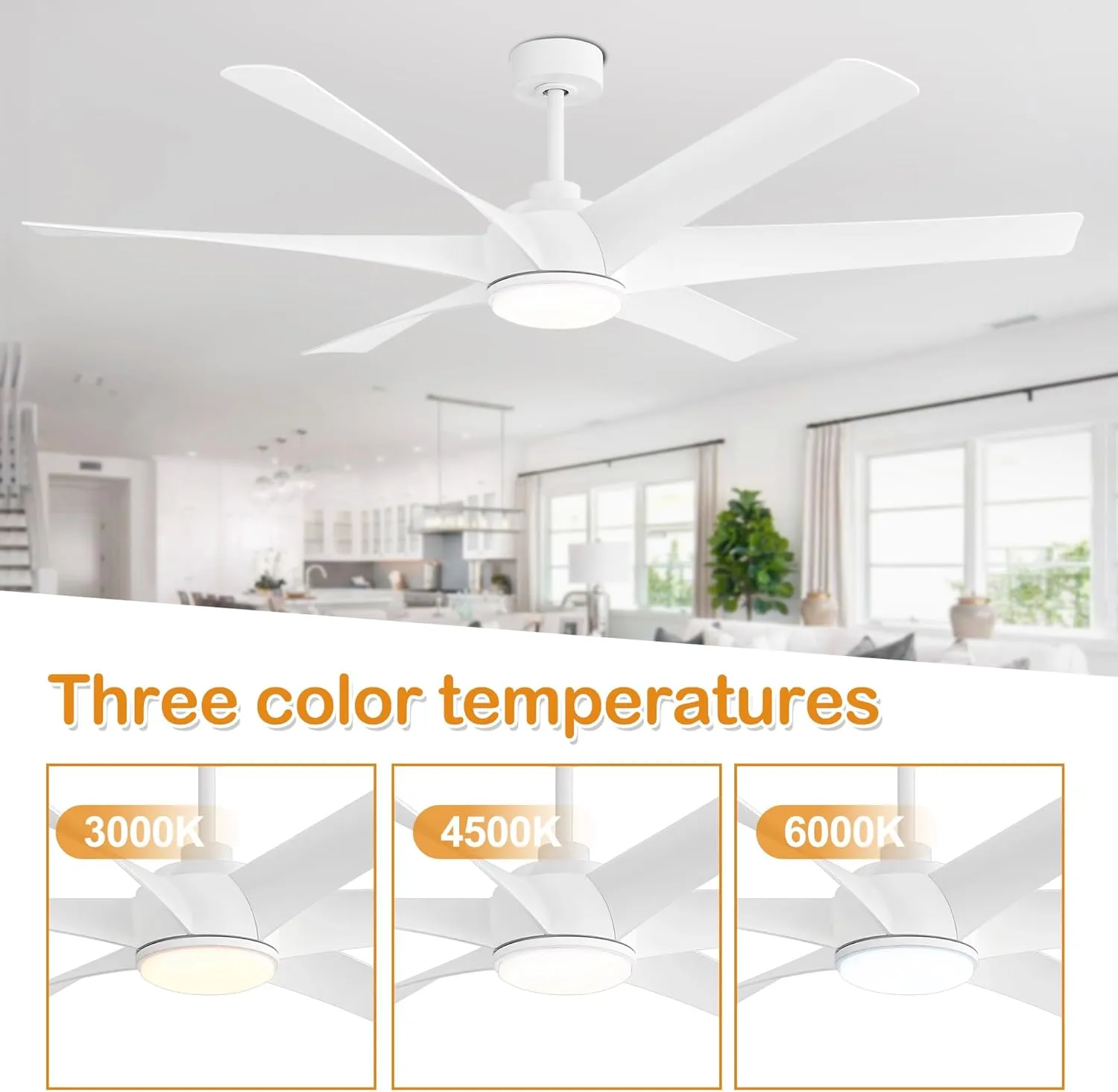Ceiling Fans with Lights and Remote,65 inch 6 Blades Ceiling Fan Reversible DC Motor, 3 Color Temperature, 6-Speed,Industrial Large Ceiling Fan for Bedroom Living Room Home