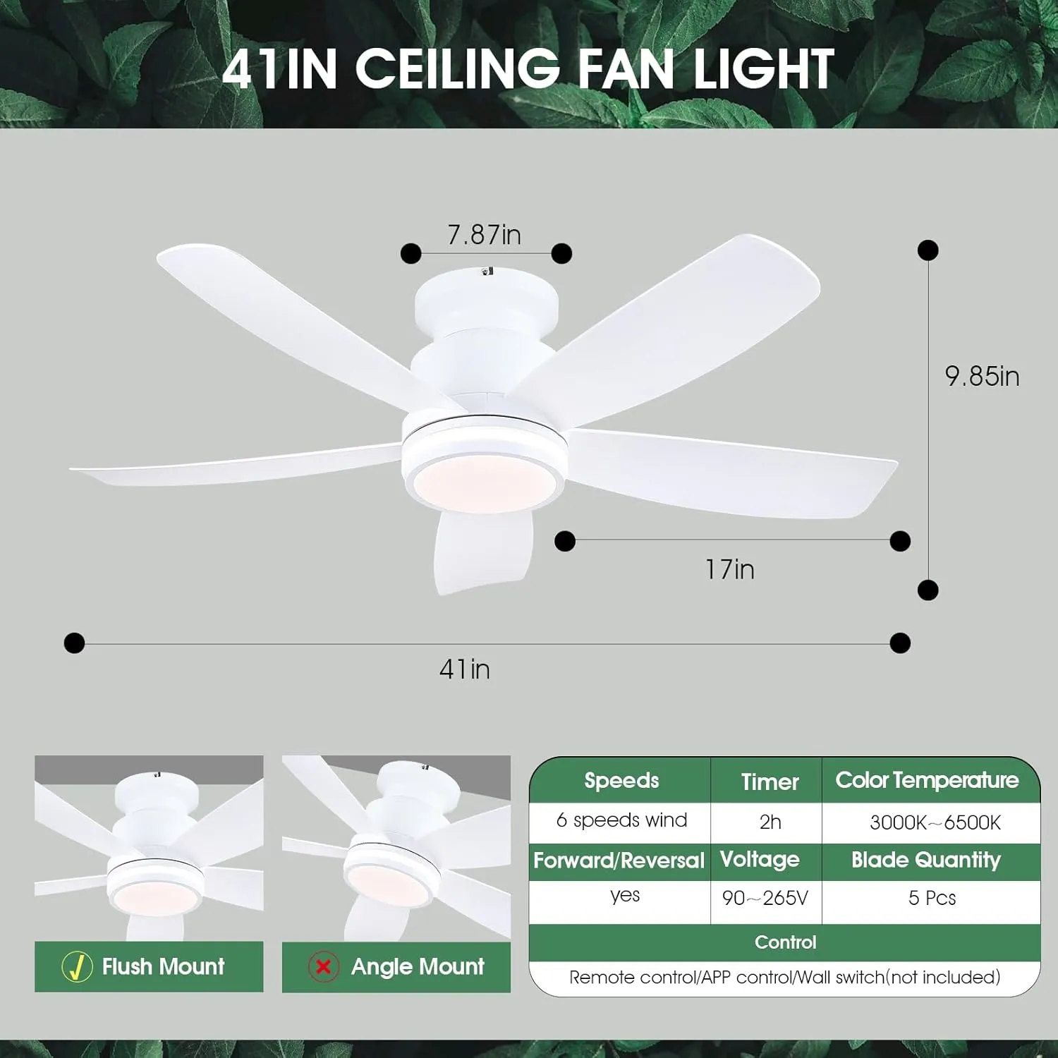Ceiling Fans with Lights and Remote/APP Control, 41 inch Low Profile Flush Mount Ceiling Fan with Lights, LED Dimmable 5 Reversible Curved Blades 3 CCT 6 Speeds for Bedroom Living Room, White