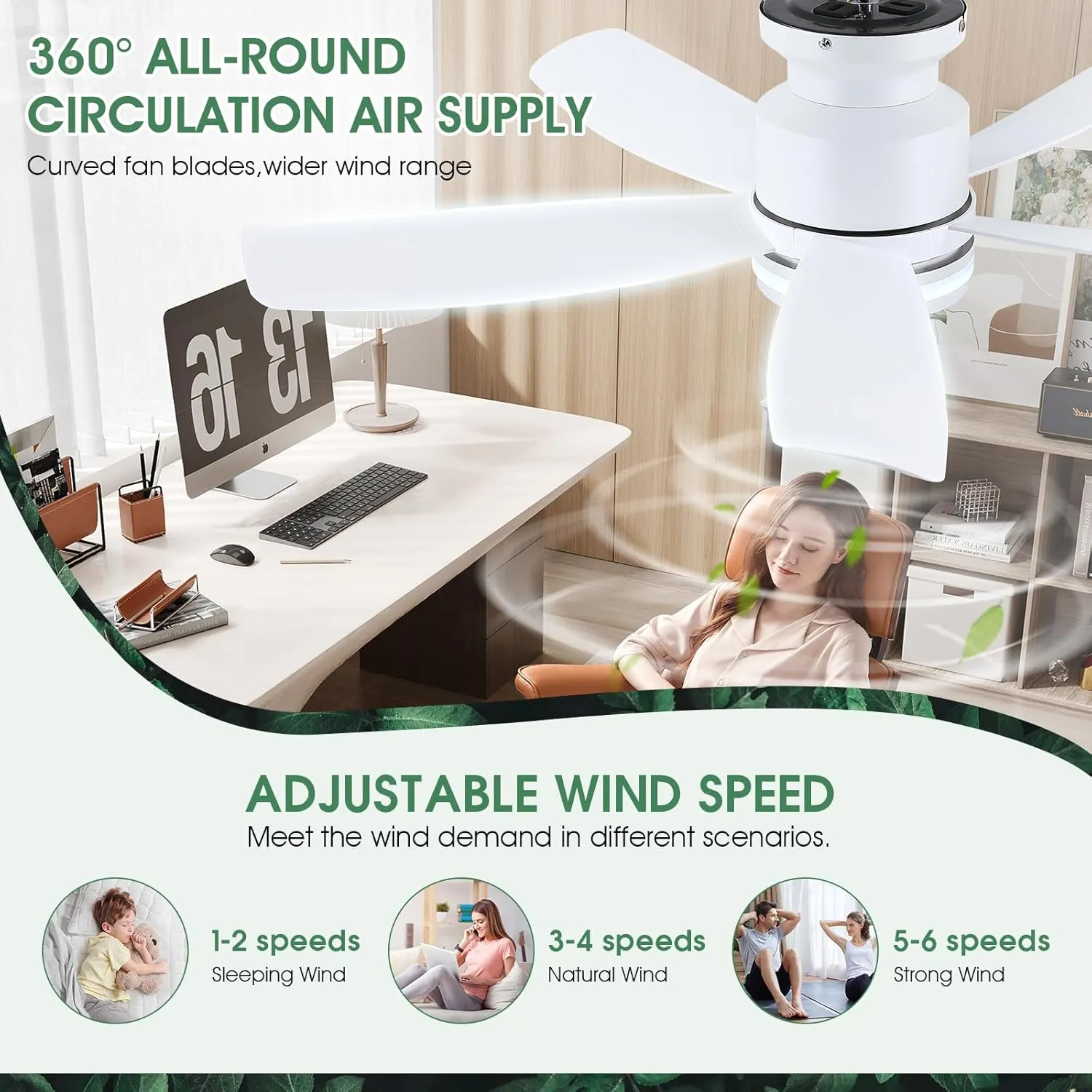 Ceiling Fans with Lights and Remote/APP Control, 41 inch Low Profile Flush Mount Ceiling Fan with Lights, LED Dimmable 5 Reversible Curved Blades 3 CCT 6 Speeds for Bedroom Living Room, White