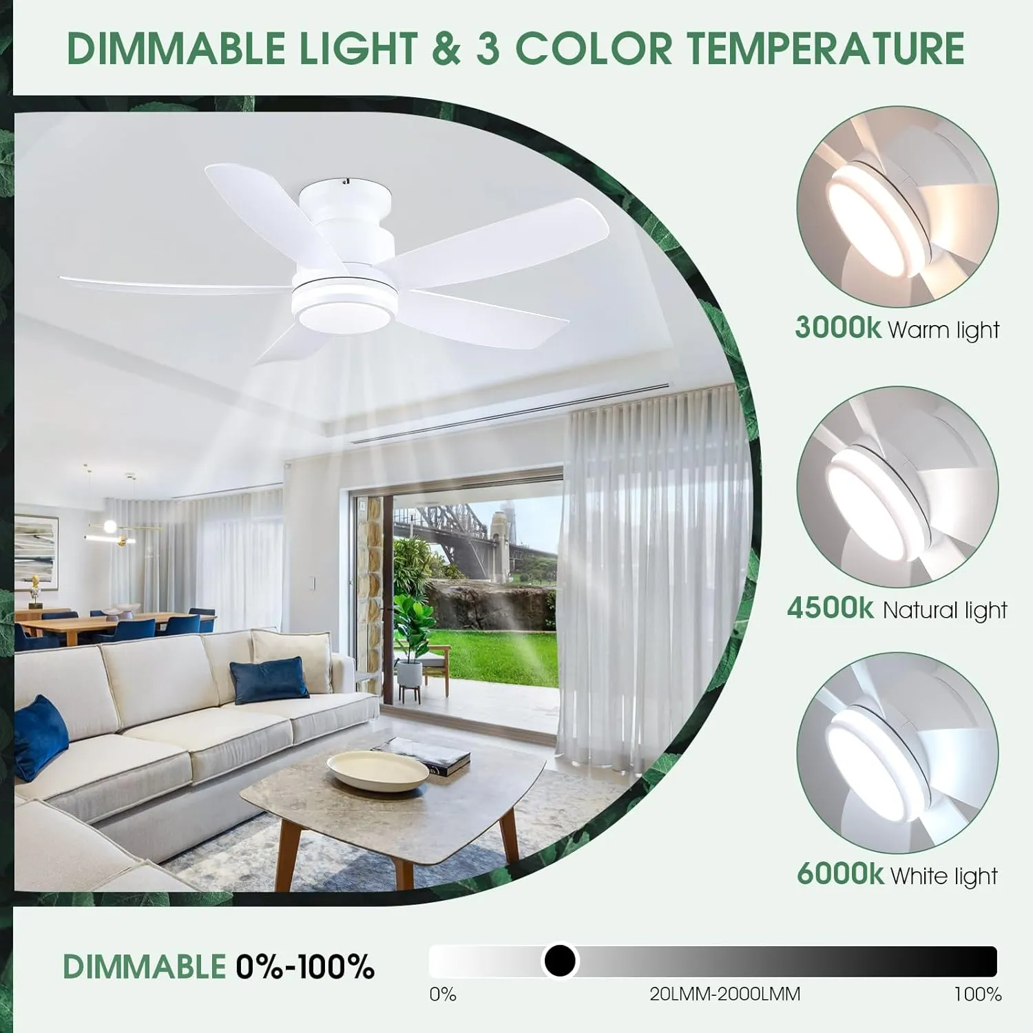Ceiling Fans with Lights and Remote/APP Control, 41 inch Low Profile Flush Mount Ceiling Fan with Lights, LED Dimmable 5 Reversible Curved Blades 3 CCT 6 Speeds for Bedroom Living Room, White