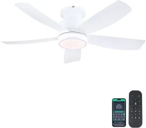 Ceiling Fans with Lights and Remote/APP Control, 41 inch Low Profile Flush Mount Ceiling Fan with Lights, LED Dimmable 5 Reversible Curved Blades 3 CCT 6 Speeds for Bedroom Living Room, White App-controlled remote fan for convenience